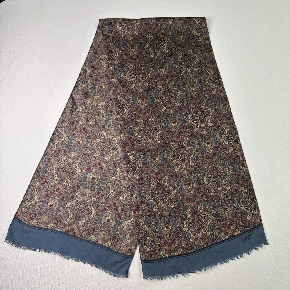 Vintage '80s Club 7 Echo Blue & Burgundy Paisley Silk Fringe Scarf 11